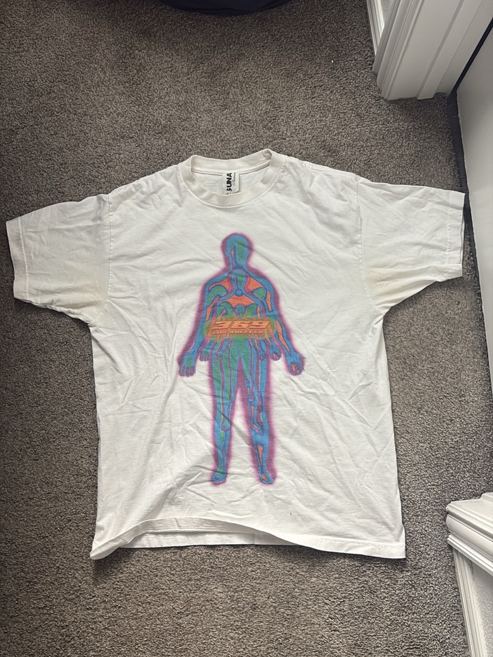 White Graphic Tee with Multicolor Neon Human Silhouette